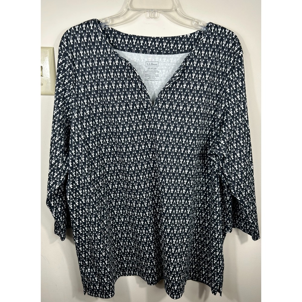 LL Bean Geometric Supima Cotton Tunic Top Women's 2X Black White Luxury BOHO